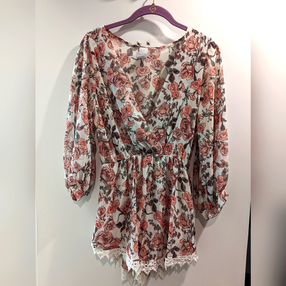 Floral cottagecore jumpsuit with embroidered hem and capped sleeves - S